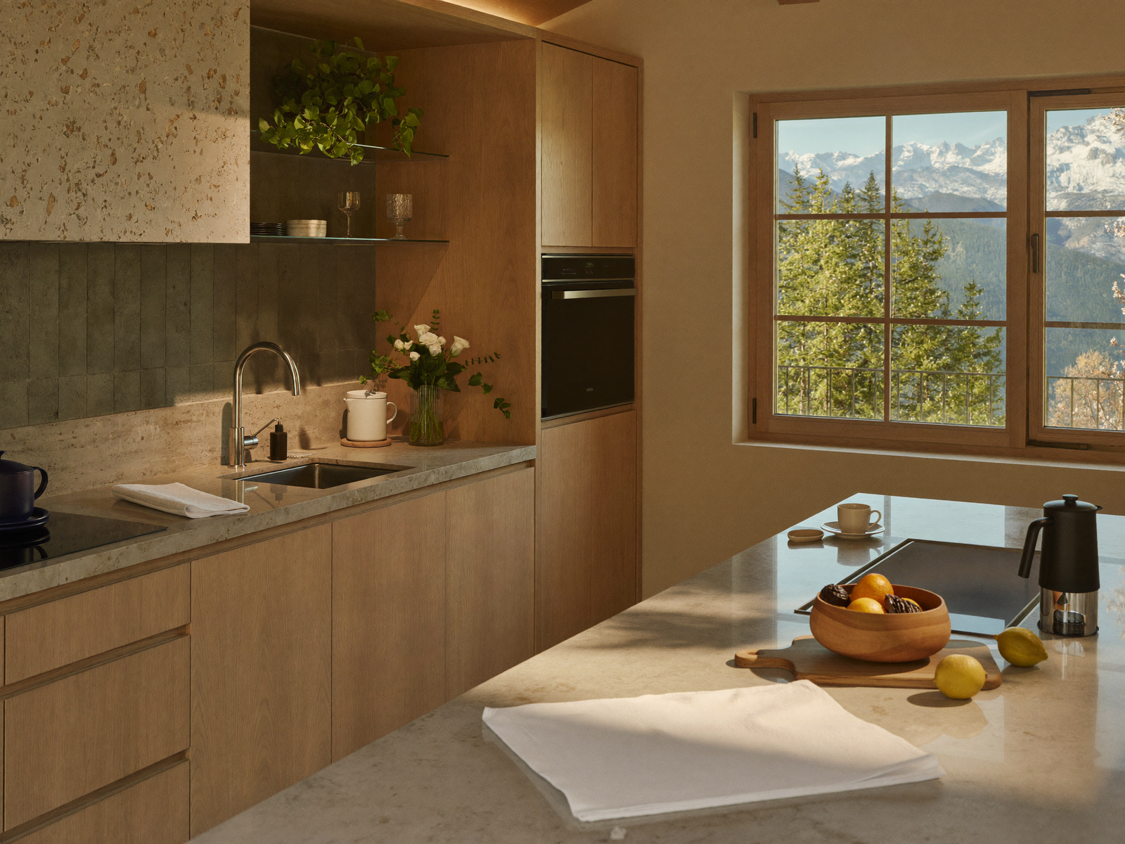 Cuisine de chalet moderne, lumière du matin sur la vallée
