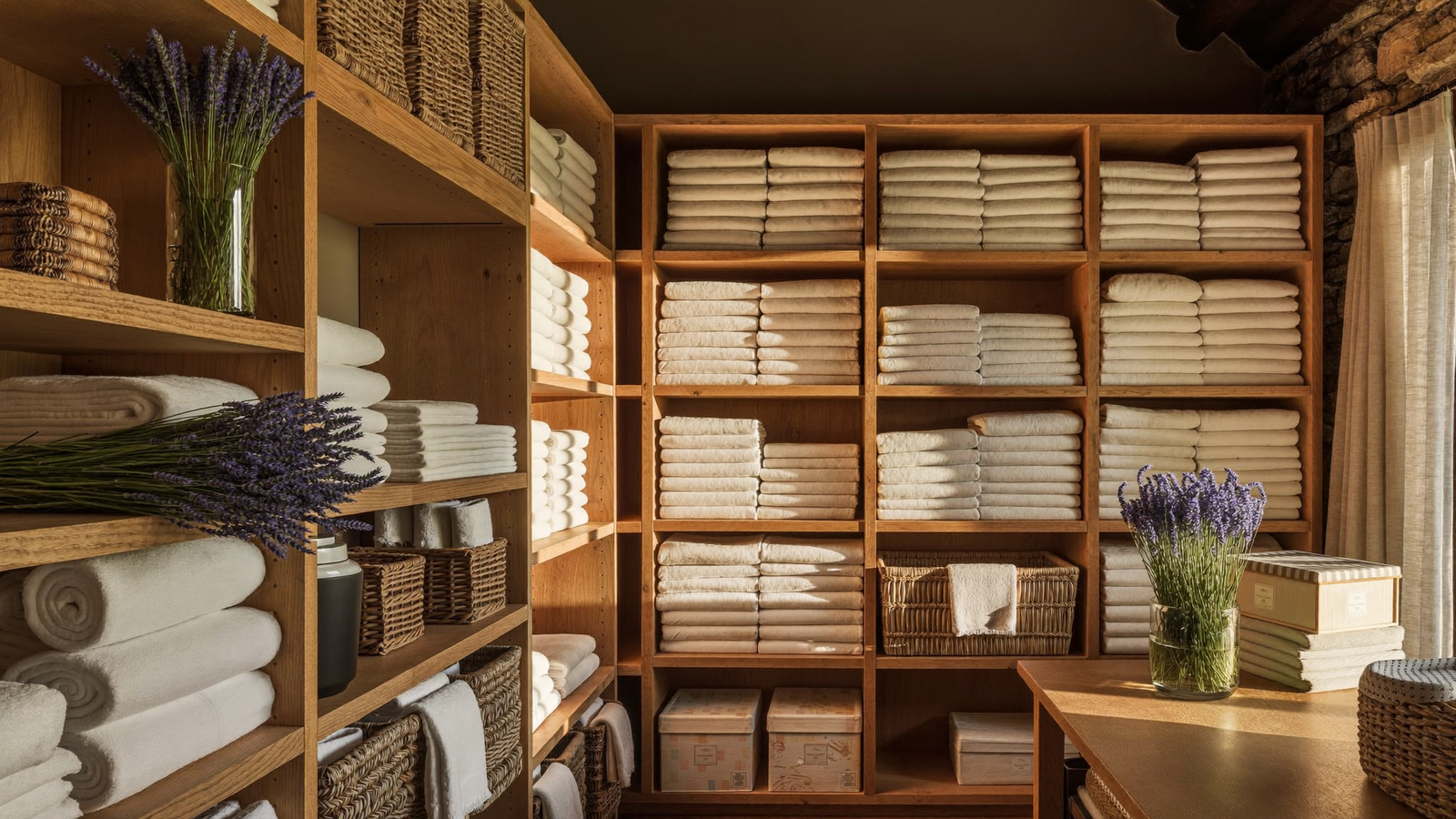 Lingerie de chalet aux standards hôteliers, piles de linge blanc sur étagères en bois
