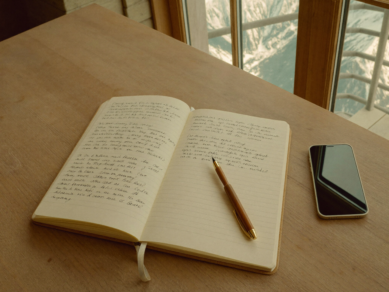 Carnet de suivi et téléphone sur un bureau face aux sommets
