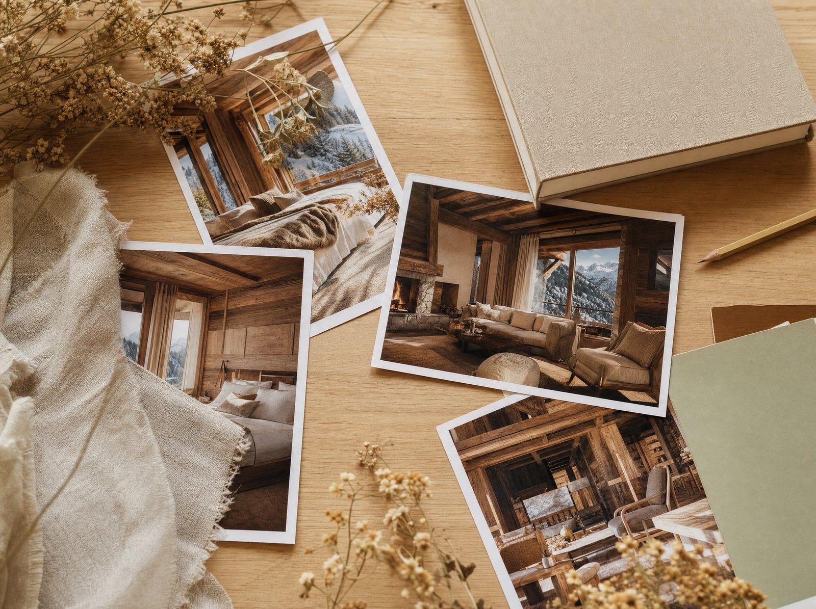 Tirages photo d'intérieurs de chalet étalés sur une table de chêne clair