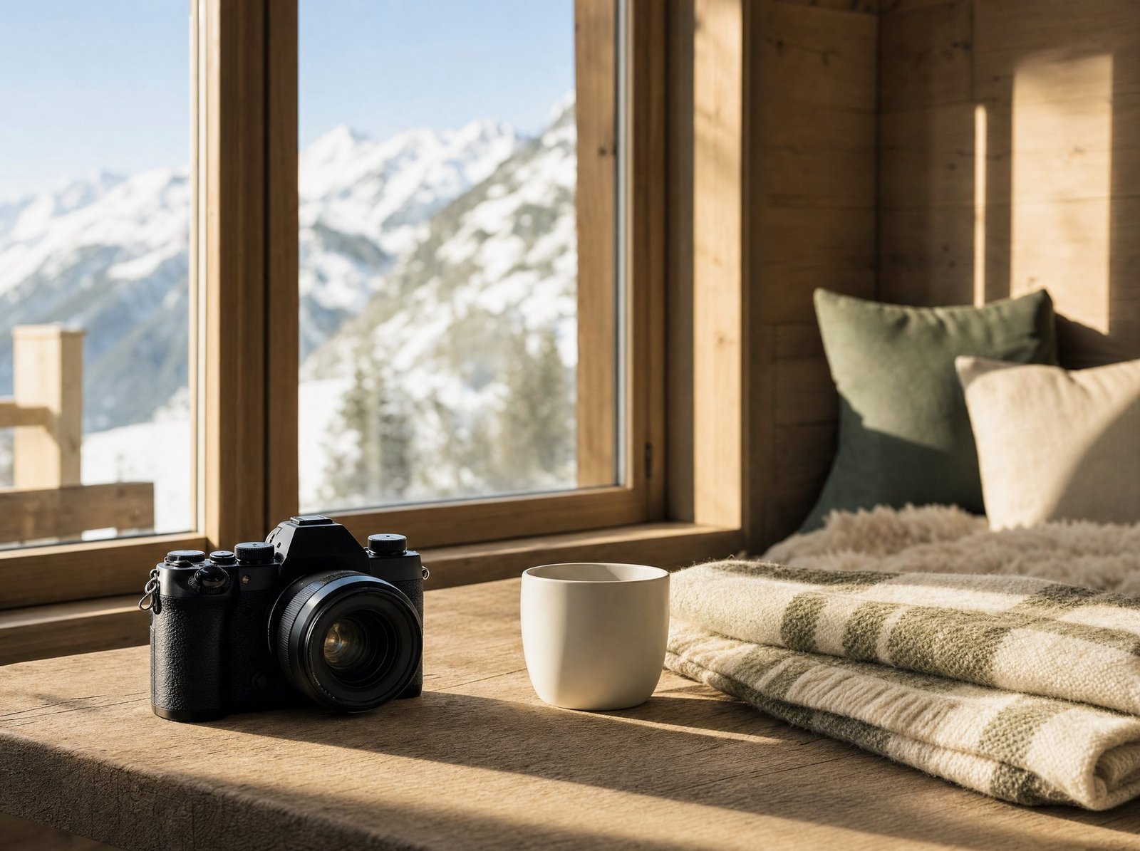 Boîtier photo et objectif posés sur une table en bois devant une fenêtre ouverte sur la vallée