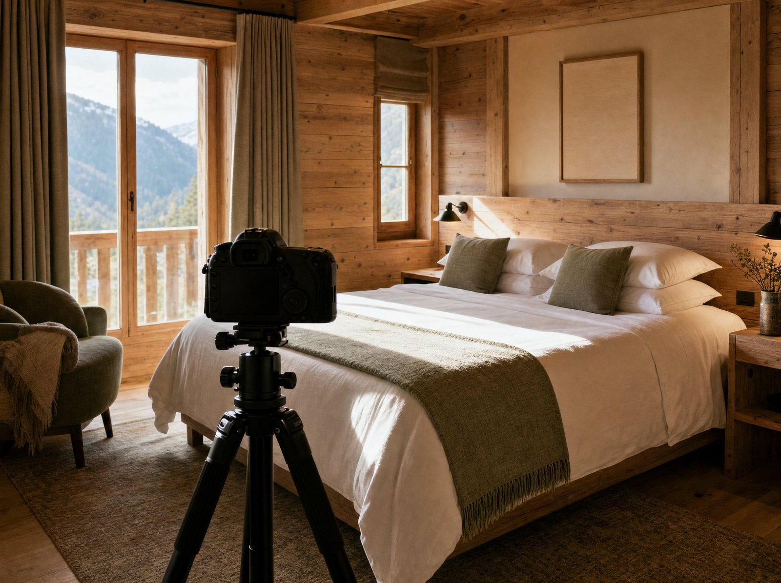 Appareil photo sur trépied face à une chambre de chalet en linge blanc