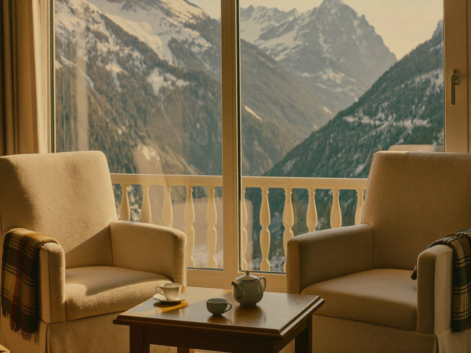 Deux fauteuils et un plateau de thé devant la fenêtre d'un chalet