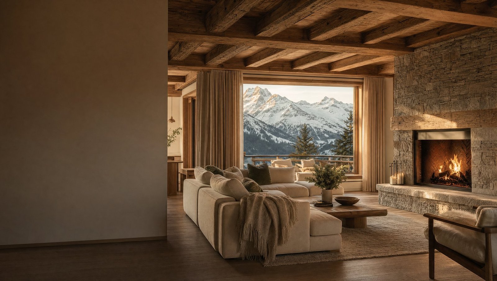 Salon d'un chalet alpin en fin de journée, cheminée allumée et baie vitrée sur les sommets enneigés