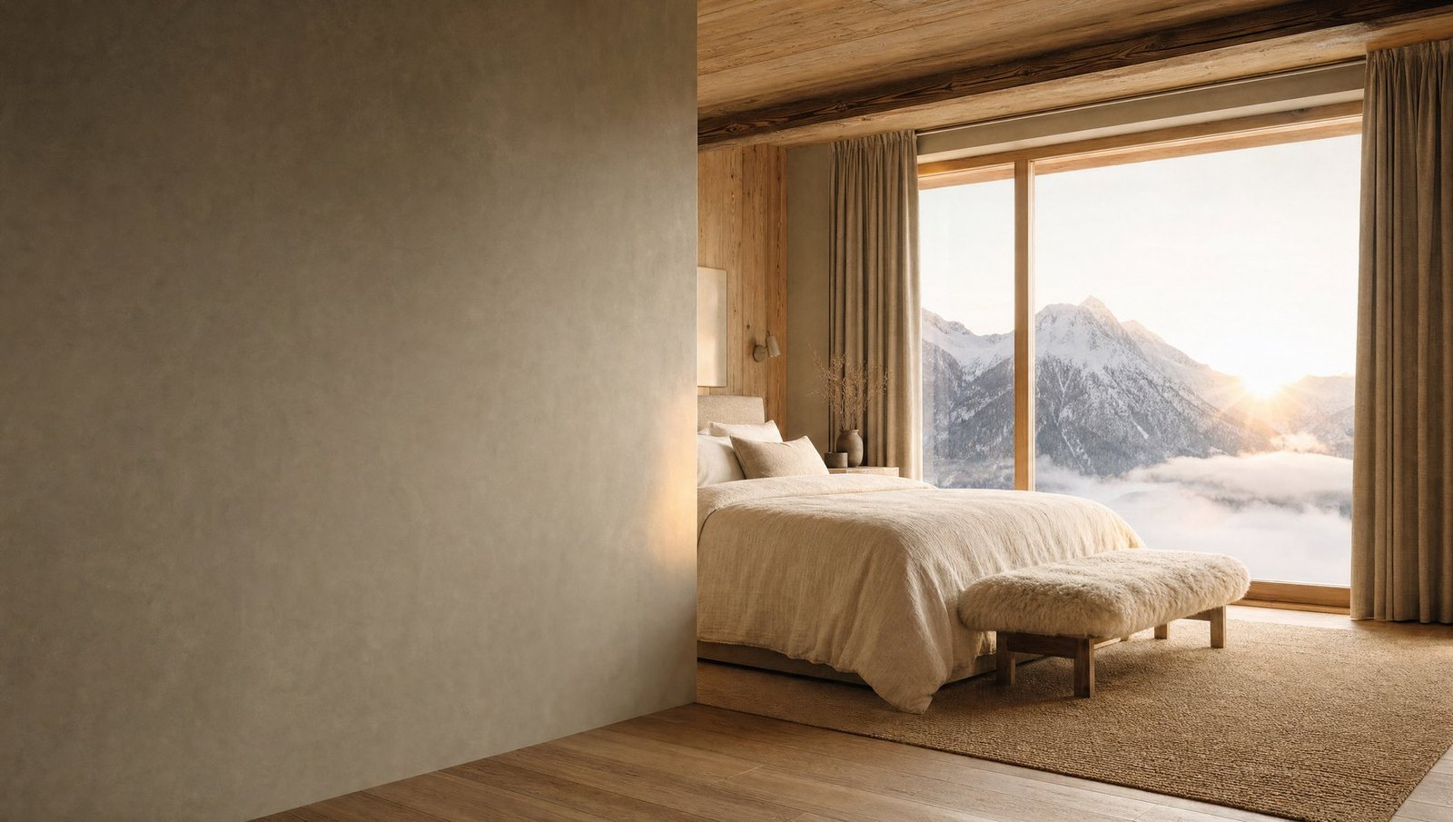 Chambre de chalet en lin ivoire au lever du jour, baie vitrée sur les montagnes
