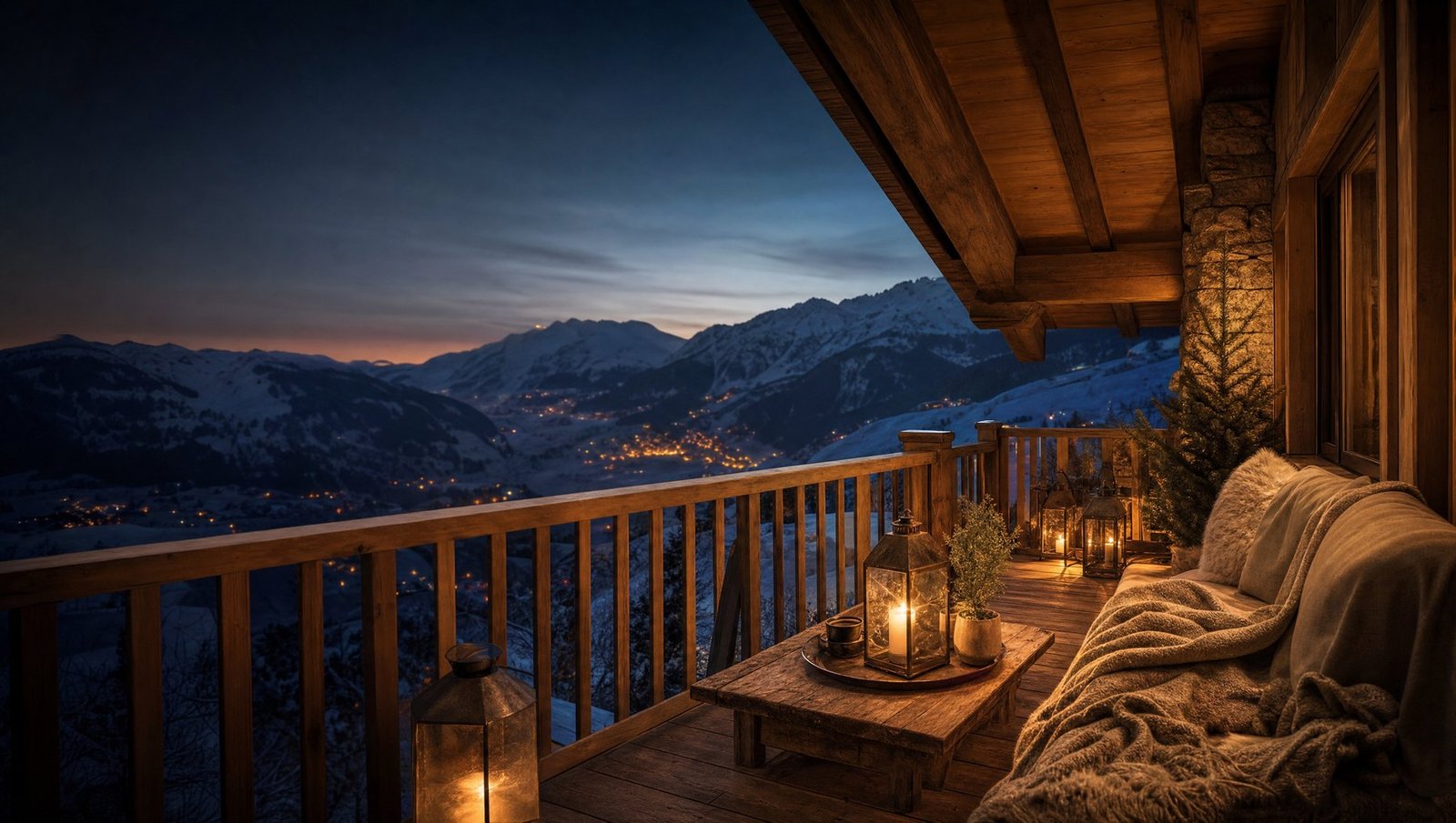 Terrasse de chalet au crépuscule, lanternes allumées et vallée éclairée en contrebas